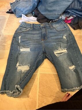 Encore Jeans Blue Denim Shorts with Distressed Trim